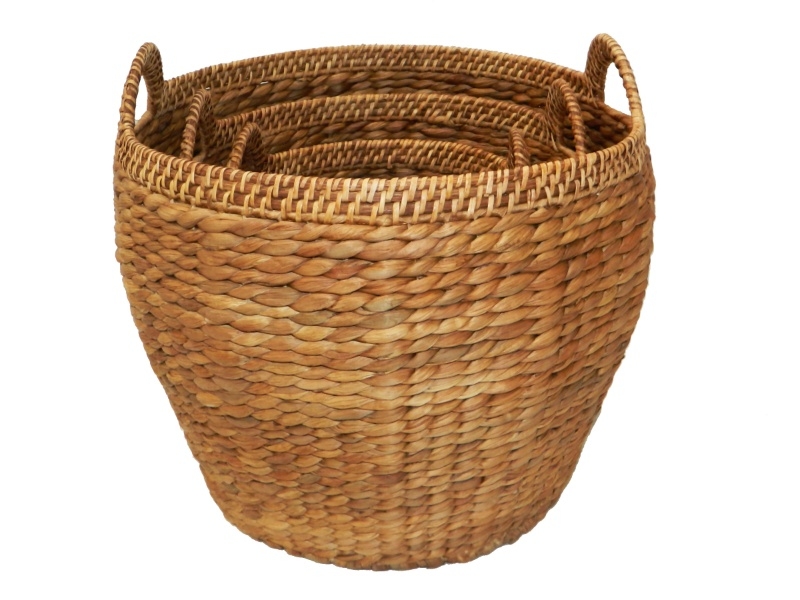 Artisanal Water Hyacinth Storage Baskets with Rattan Rim